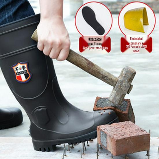 3537 Black 45CM Men's Extra High Rain Boots - Waterproof PVC Work Footwear for Construction Safety