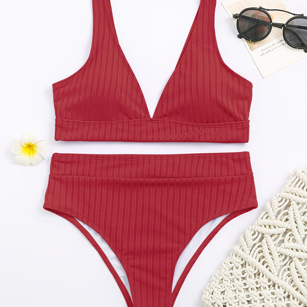 Women's Sexy V-neck Pit Striped Bikini High Waist Split Swimsuit 10 Colors
