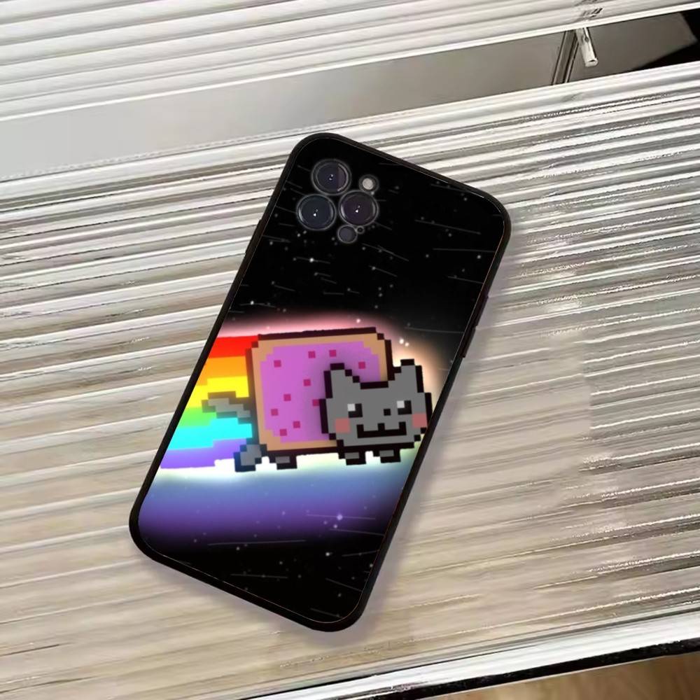 Милый Чехол для Телефона N-Nyan Cat Для iPhone 17,16,15,14,13,12,11 Plus,Pro Max,XS,Мягкий Силиконовый Черный Чехол