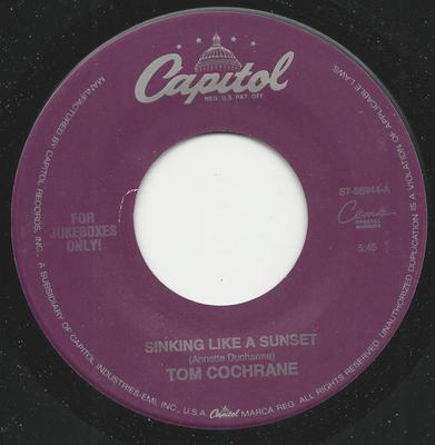 7-дюймовая пластинка TOM COCHRANE - Sinking Like A Sunset S756944 Capitol Records 1991 США Рок Б/у
