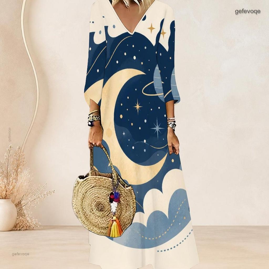 Plus Size Women V Neck 3 4 Sleeve Maxi Dress Comfortable Chic Everyday Holiday Outfit