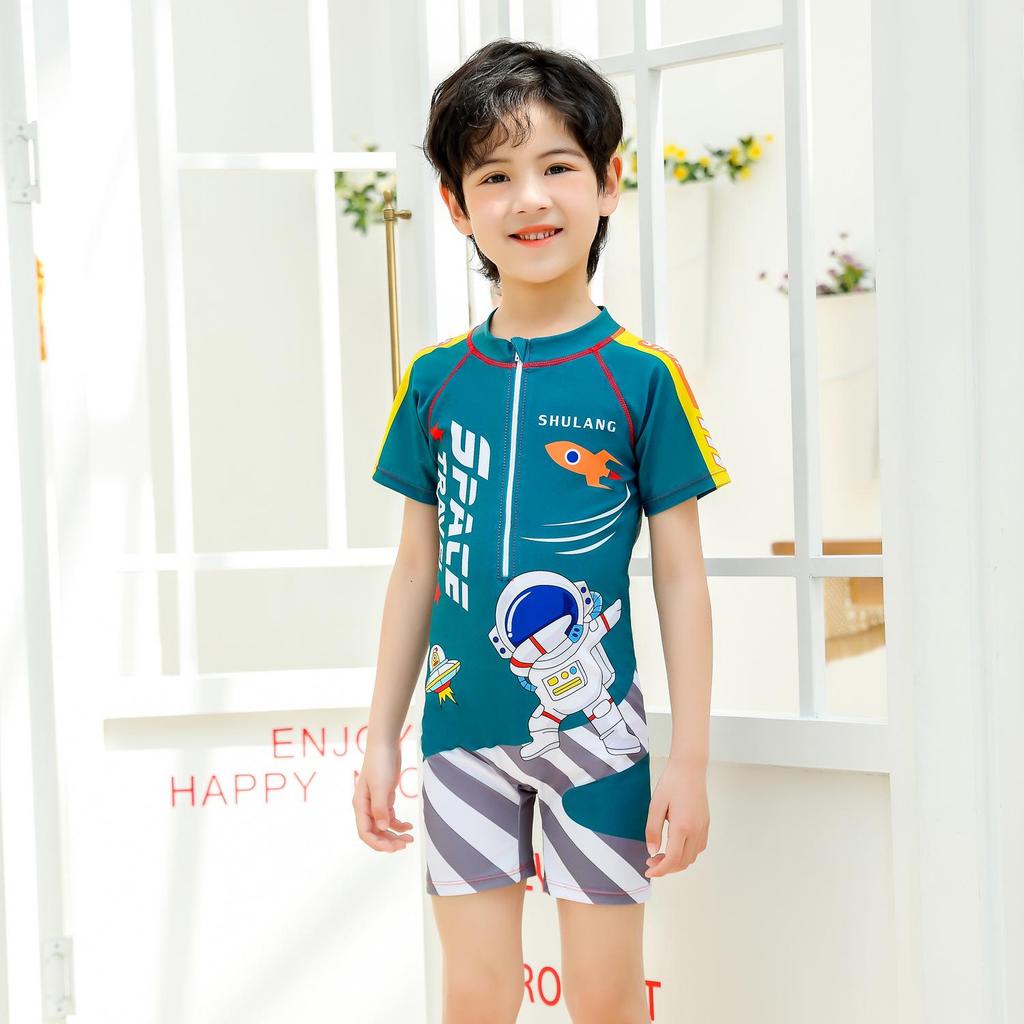 Детский быстросохнущий цельный купальник с коротким рукавом для мальчиков - Размеры M и L, Идеально подходит для плавания и горячих источников