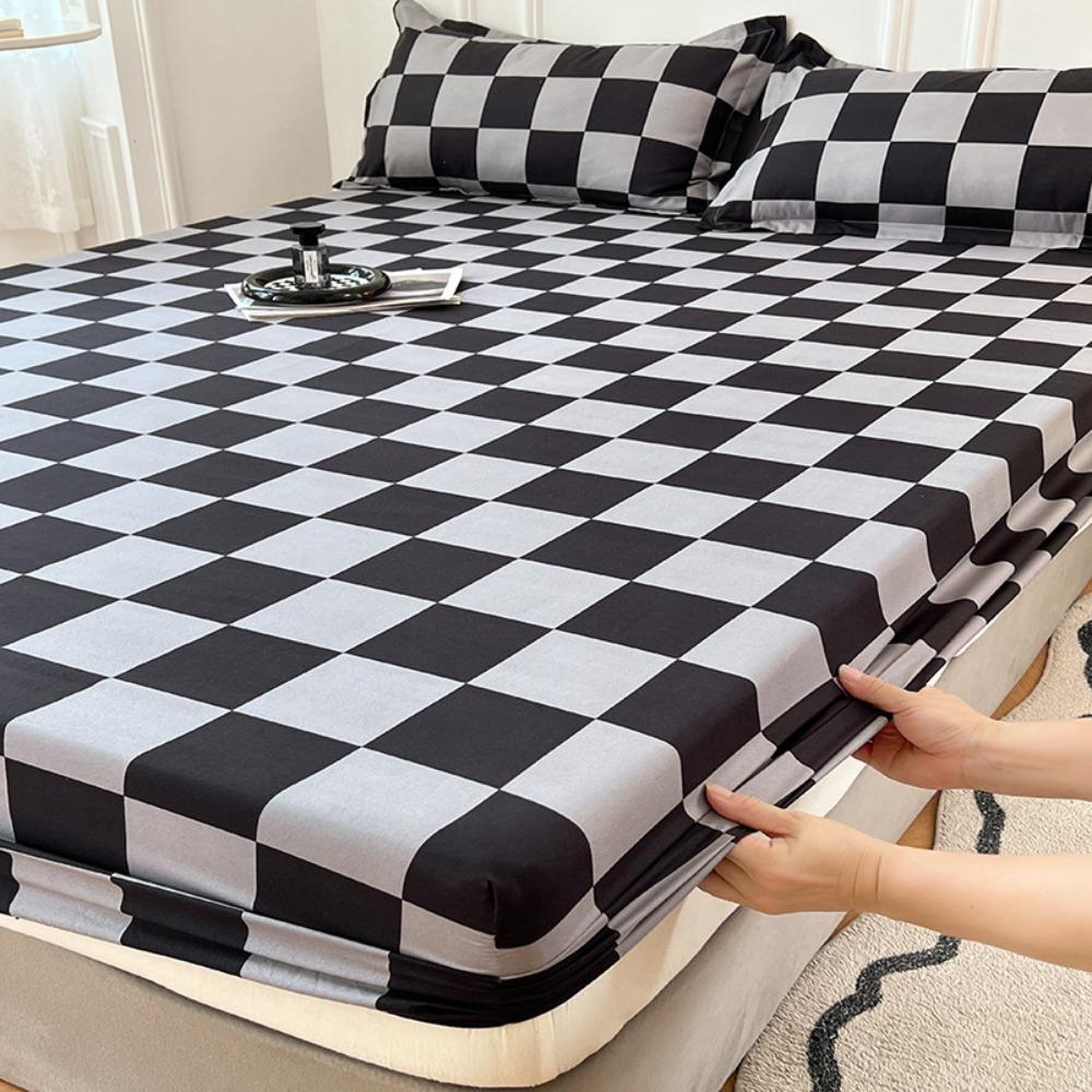 Checkered Pattern Fitted Bed Sheet Elastic Band Breathable Mattress Cover All-inclusive Washable Mattress Protector