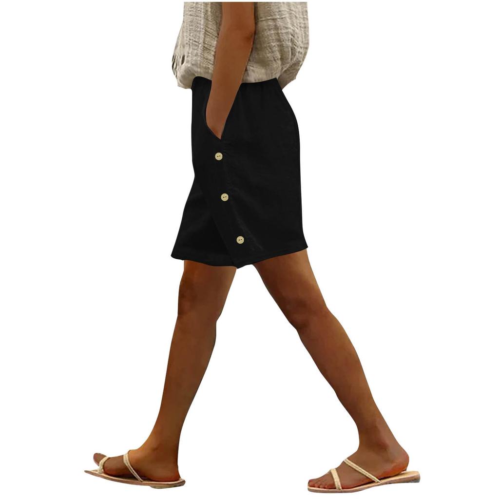 Женские модные повседневные свободные однотонные шорты из хлопка и льна с боковыми карманами на пуговицах и средней талией