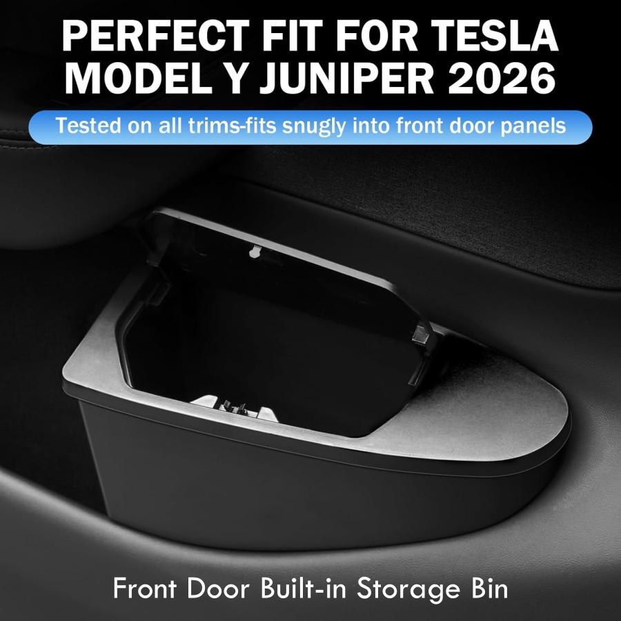 UBLM4 Встроенный органайзер для хранения в передней двери для Tesla Model Y Juniper 2025 2026 Автомобильное мусорное ведро с крышкой, открывающейся нажатием, ABS-органайзер для двери