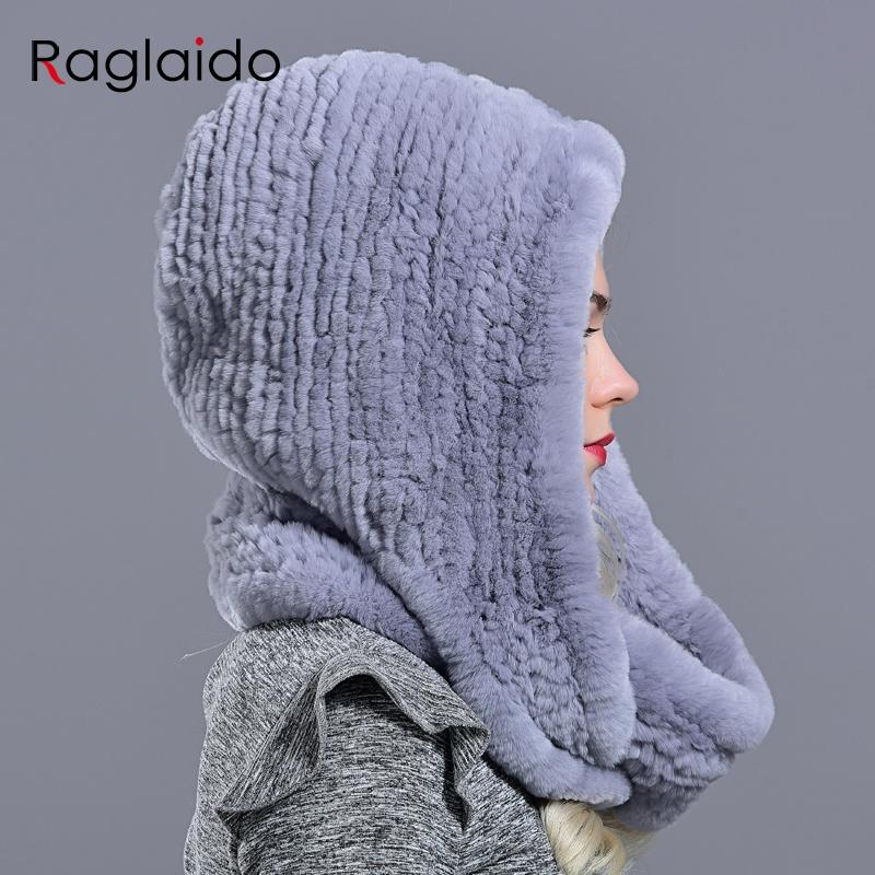 Объемные шапки с капюшоном из кроличьего меха для женщин, зимняя теплая новинка, вязаная меховая шапка-шарф, стильная модная большая женская меховая шапка из натурального меха