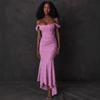 Off Shoulder Textured Jacquard Ruched Corset Mermaid Dress Stretch Slim Fit Asymmetrical Hem Elegant Evening Cocktail Wedding Guest Formal Party Gown