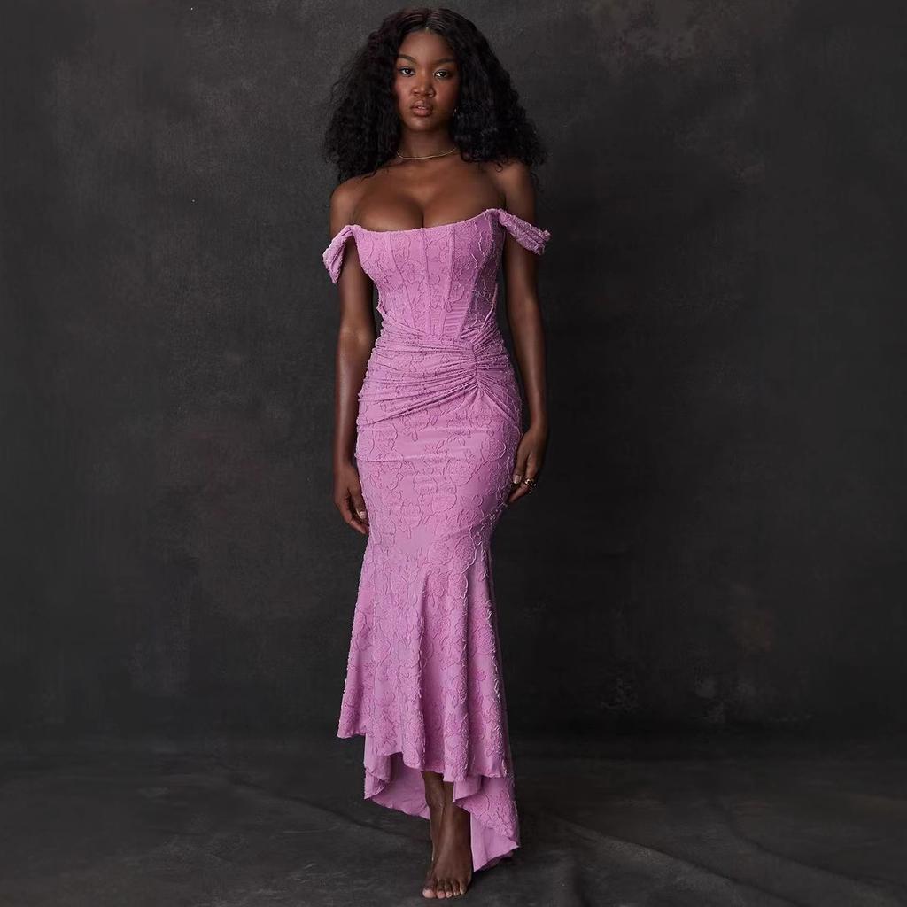 Off Shoulder Textured Jacquard Ruched Corset Mermaid Dress Stretch Slim Fit Asymmetrical Hem Elegant Evening Cocktail Wedding Guest Formal Party Gown