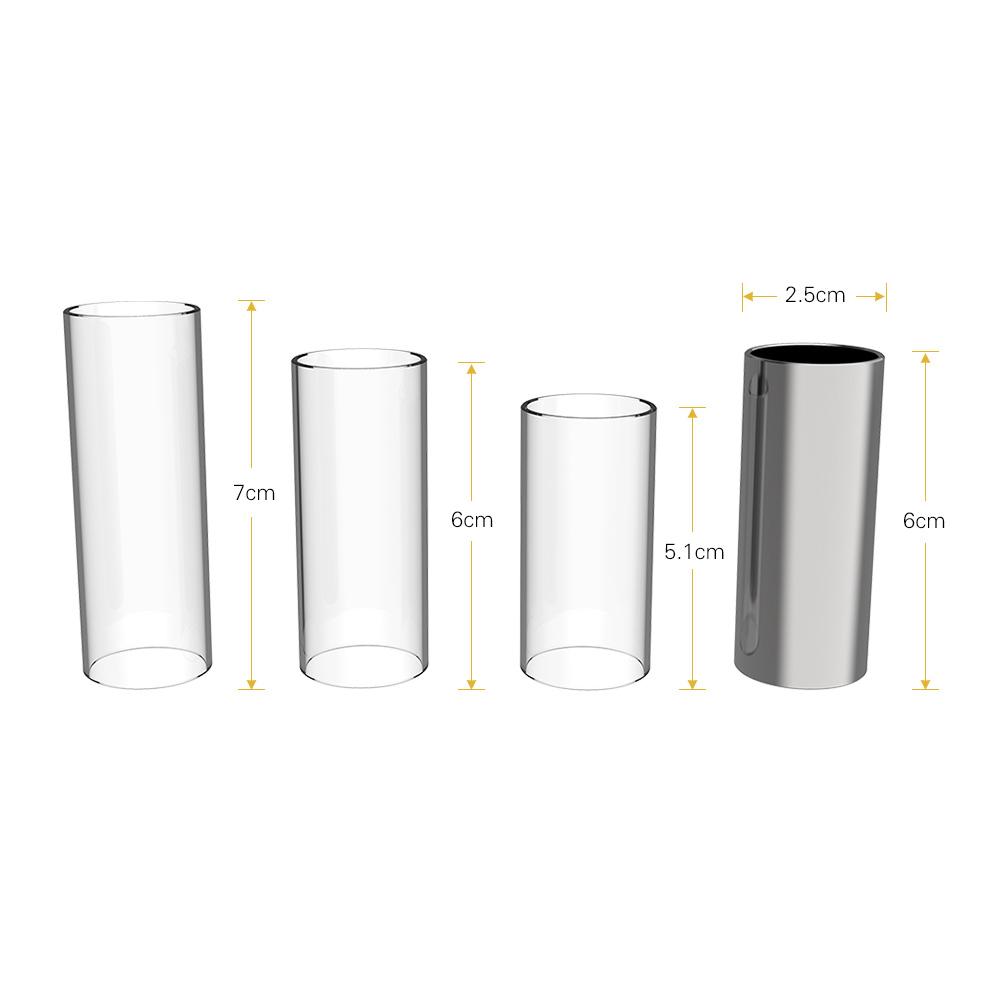 Набор гитарных слайдов включает 3 стеклянных слайда (5.1см  6см  7см) + 1 Горка из нержавеющей стали (6см) + 4 шт. целлулоидный напальчник и