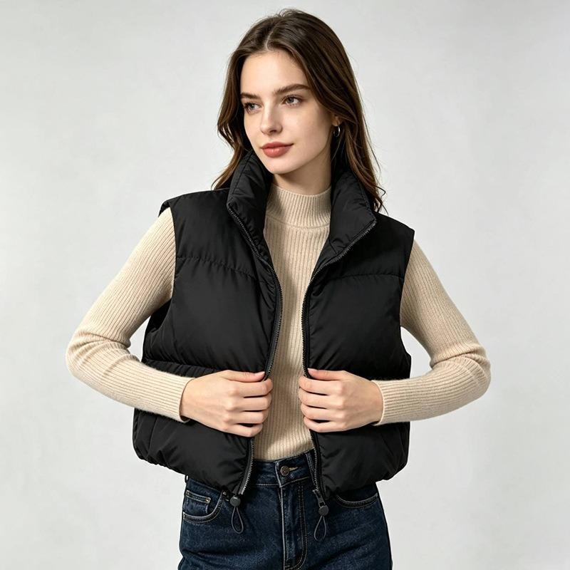 Women S Vintage Simple Versatile Stand Collar Sleeveless Short Down Cotton Vest With Drawstring Waist