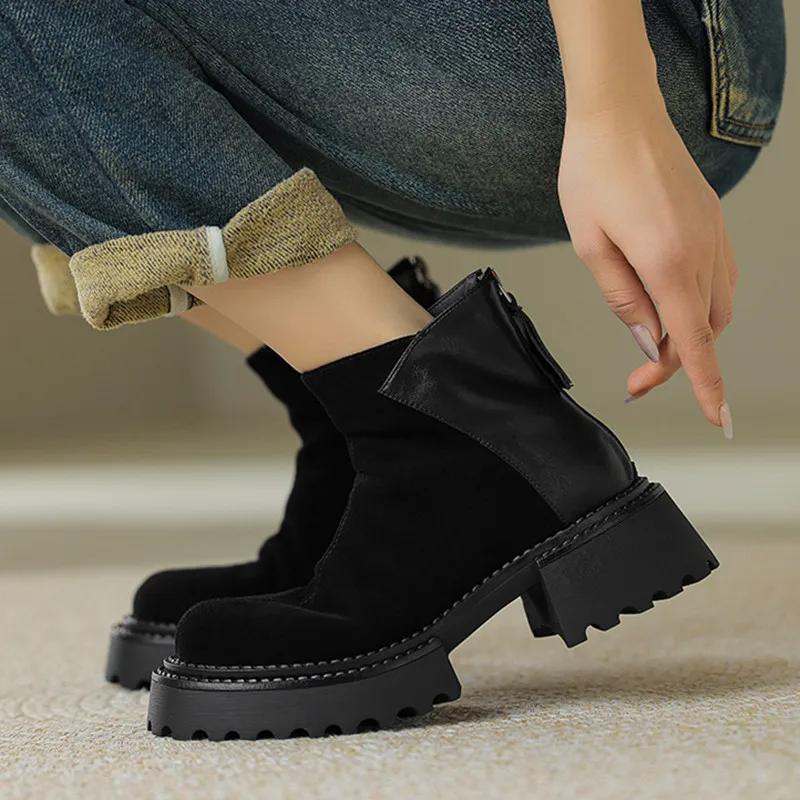 Fashion Luxury Faux Suede Ankle Boots Women 2025 Autumn Winter Chunky Heel Platform Boots Back Zipper Design Chelsea Boots for Women
