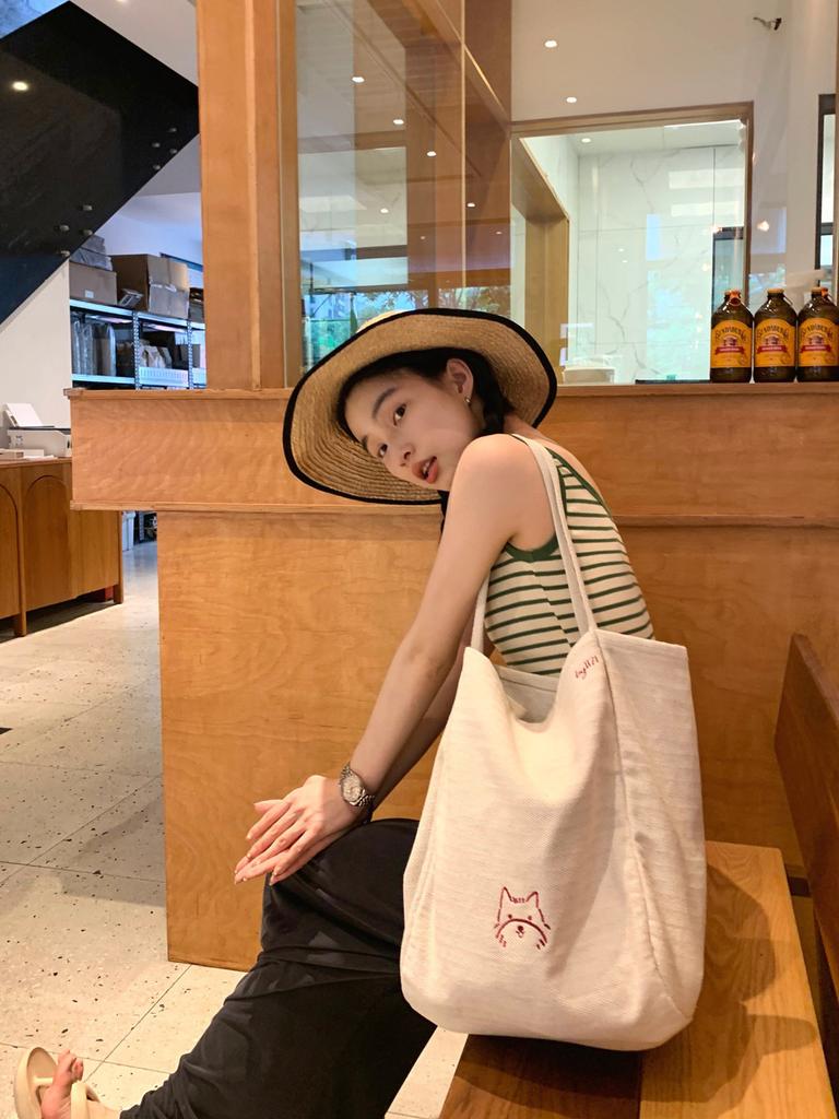 Милая вышитая холщовая сумка-тоут большой вместимости для повседневного шопинга в непринужденном стиле