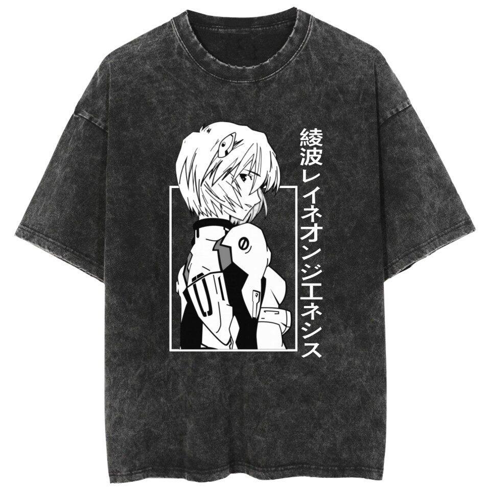 Неон Genesis Evangelion Рей Аянами Костюм для подключения Винтажная стираная футболка Летняя Уличная одежда Графическая футболка для мужчин Женщин