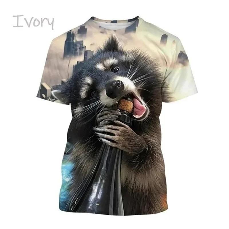 3D Cute Raccoon Print Kids Crew Neck Short-Sleeve T-Shirt Animal Graphic Loose Fit Outdoor Daily Children Casual Top