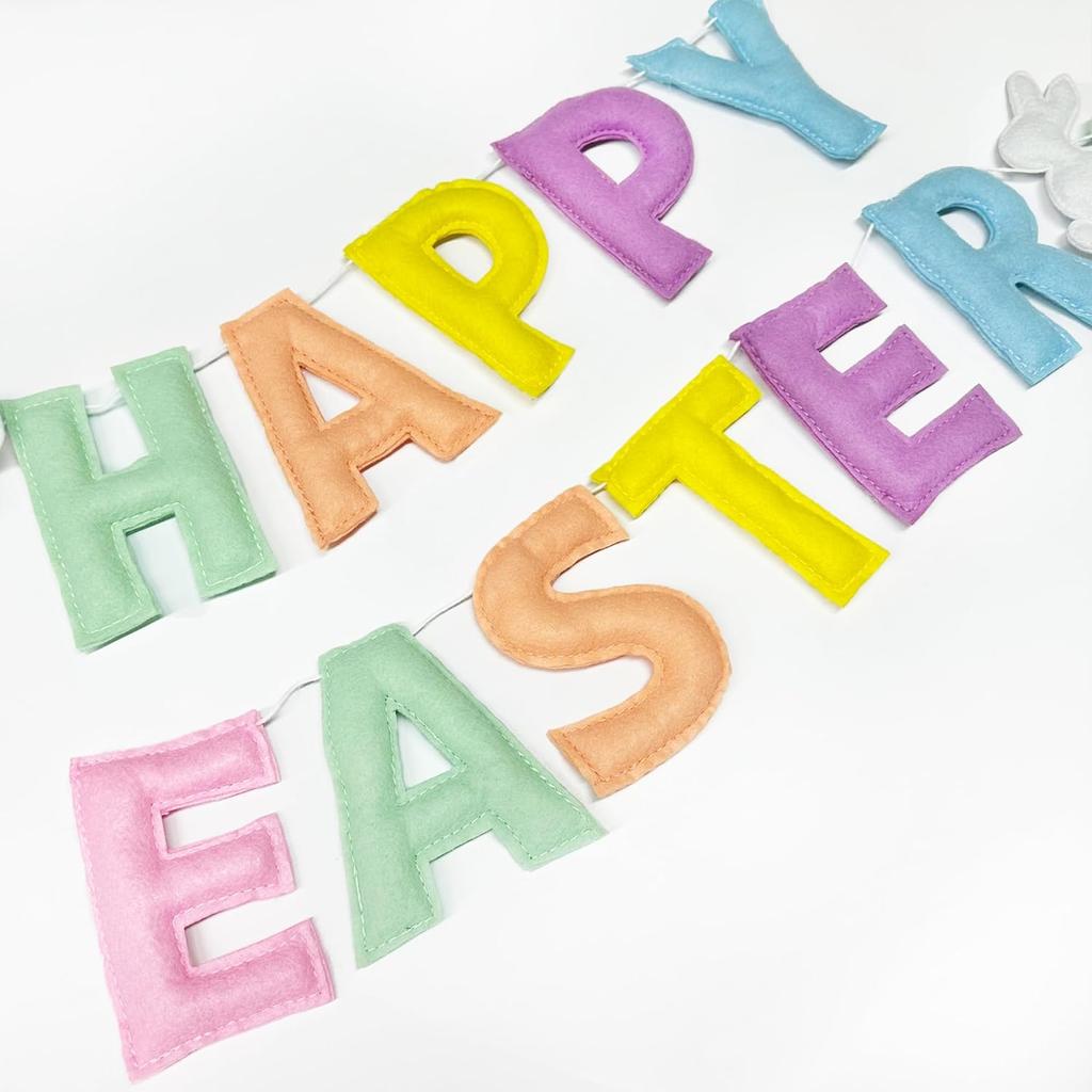 Easter Decorations Pre-Strung Felt Pastel Happy Easter Sign Bunny Banner Wool Felt Ball Garland for Happy Easter Spring Nursery Classroom Home Wall
