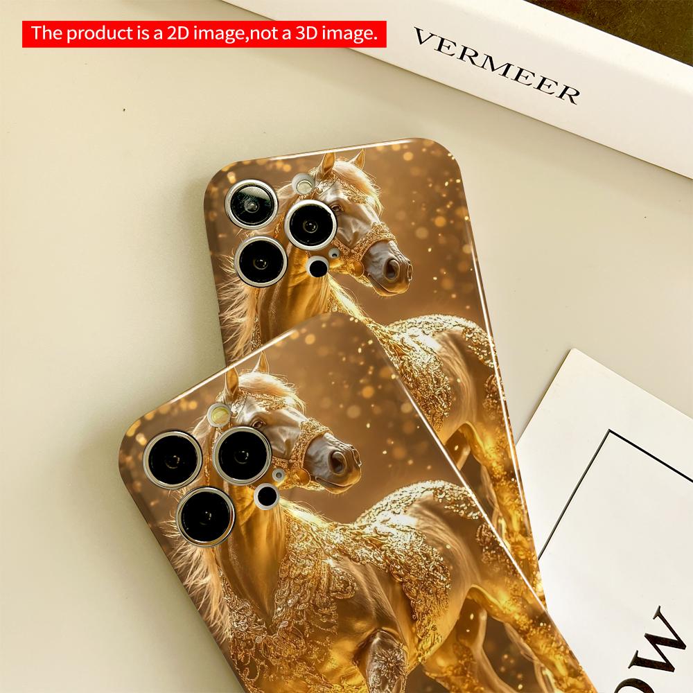 2DFlat Golden Horse Amid Coins Luxury Phone Case All inclusive film hard phone case, compatible with iPhone 18 Pro Max 17 16 15 14 13 12 11