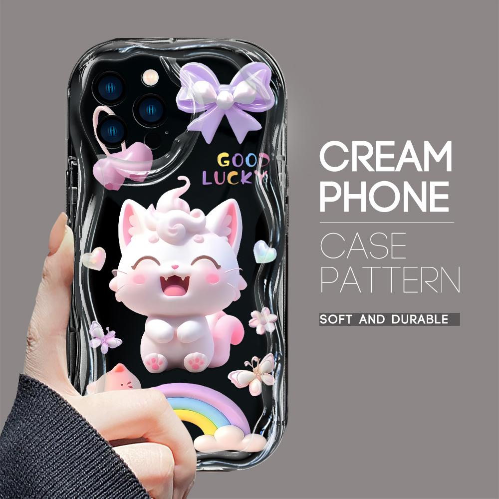 For iPhone 16 15 14 13 12 Samsung S24 S23 S22 A06 A13 A14 A15 A16 A55 Redmi Note 13 12 Lovely Cartoon Cat Pattern Soft Shockproof Wave Edge Phone Case