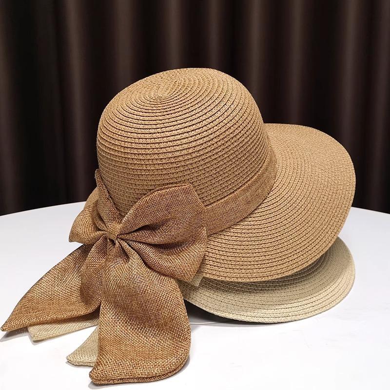 Straw Hat Women's Summer Sunshade Seaside Beach Hat Sunscreen Bow Dome Hat Pastoral Tide Big Edge Dome Basin Hat