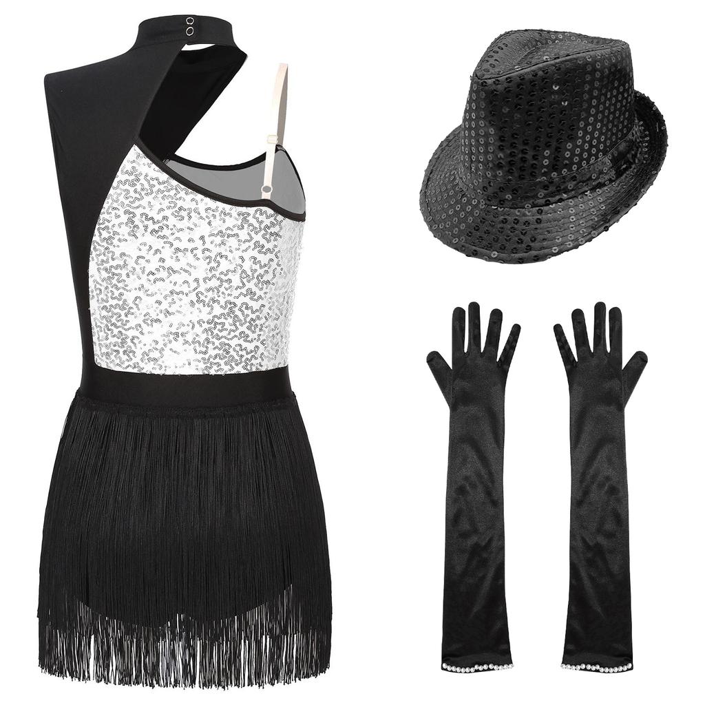 Womens Latin Jazz Dance Outfit Cutout Sleeveless Leotard Shiny Sequins Contrast Color Patchwork Fringed Bodysuit Gloves Hat
