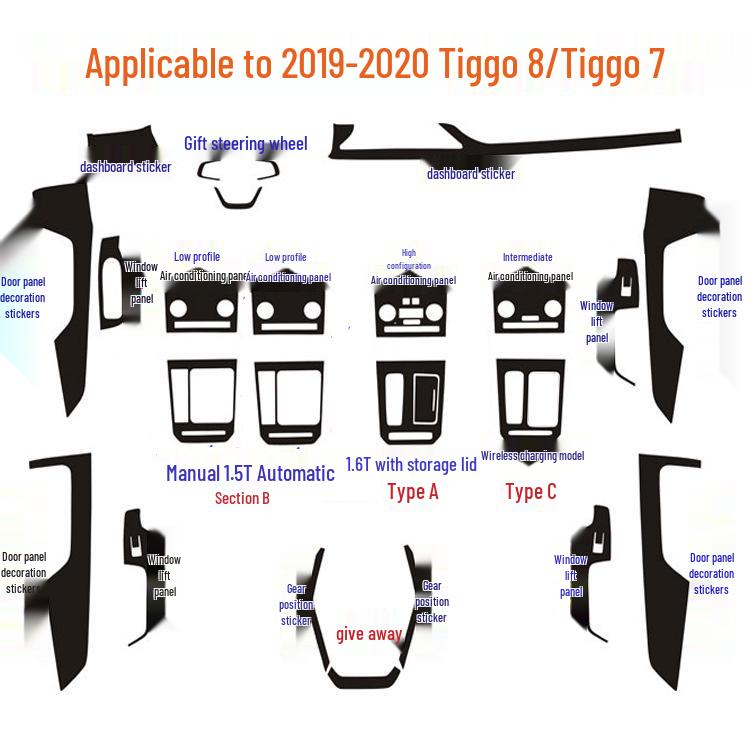 2019-2020 Tiggo 8 & Новый Tiggo 7 Внутренняя отделка и наклейки на рычаг переключения передач