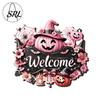 Holiday Door Sign for Store Entry Halloween Pumpkin Ghost Wooden Welcome Hanger Sign, Cute Wall Ornament with Bell Party Hanging Rope, Decor