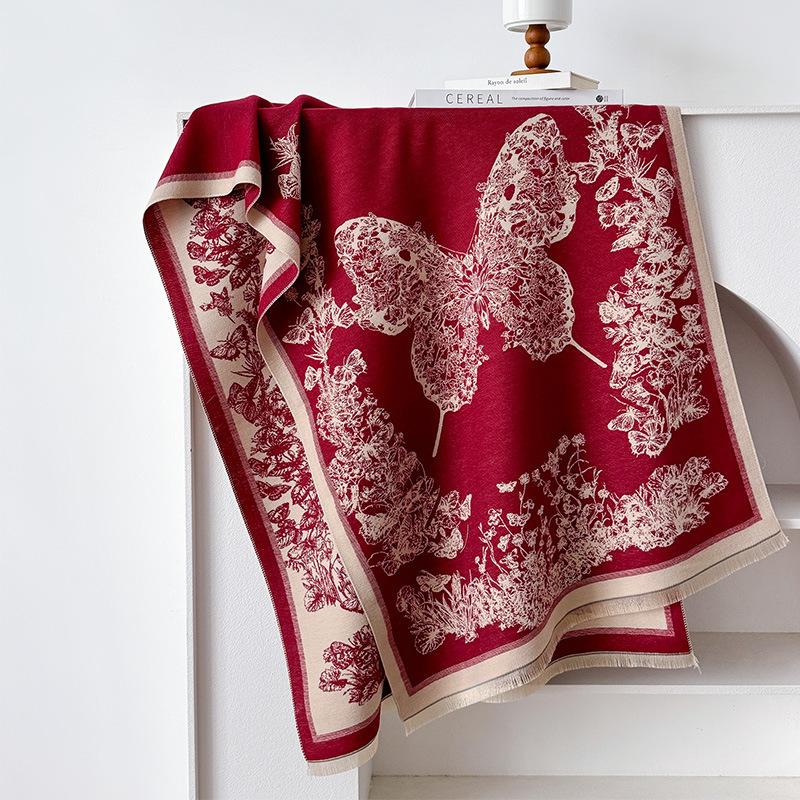 Butterfly Insect Print Style Fashionable And Elegant Women'S Imitation Cashmere Warm Scarf Large Shawl