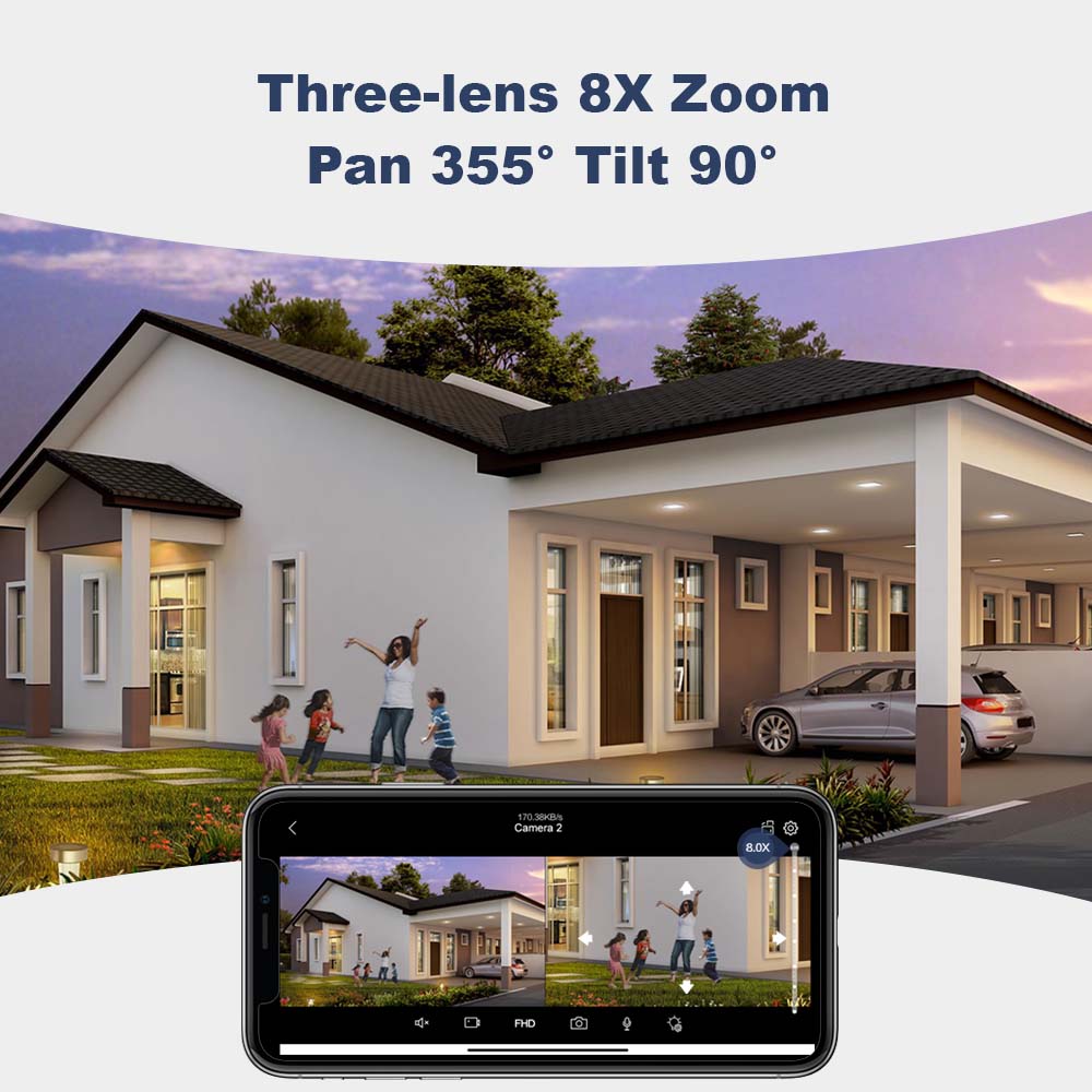 Новая IP-камера EU 12MP 6K WiFi с тремя объективами и двойным экраном, уличная PTZ-камера, 8-кратный зум, защита домашней безопасности, беспроводное Wi-Fi видеонаблюдение