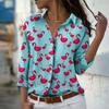 Red-crowned Crane Print Women Blouse Spring Autumn Femme Office Lady Button Up Turn Down Collar Shirts