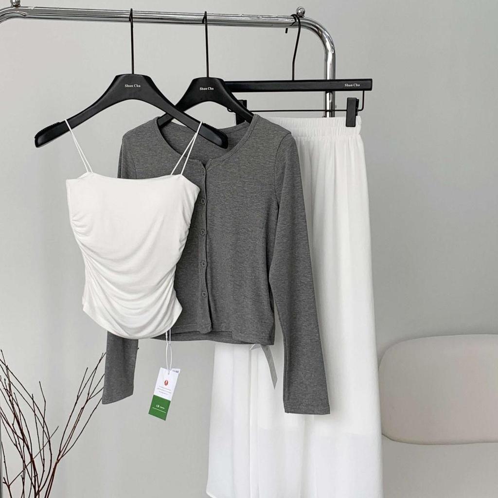White Moonlight Women's Three-Piece Set: High-Waist Skirt, Cardigan, and All-Match Gray Suspenders for Spring and Autumn.