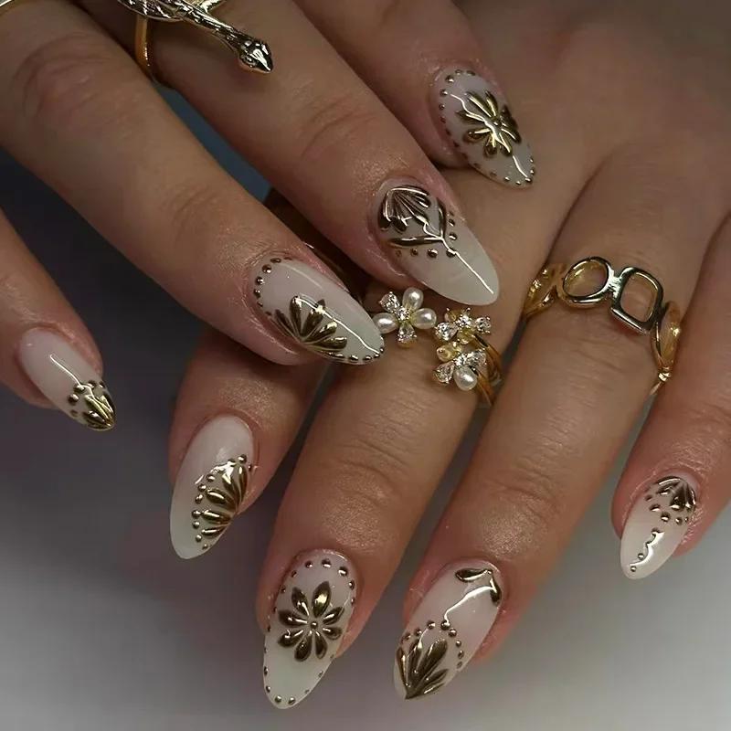 24Pc Green Cat Eye French Fake Nails with 3D Metal Line Sun Press on Nails Wearable Short Almond Artificial Nail Full Cover Nail