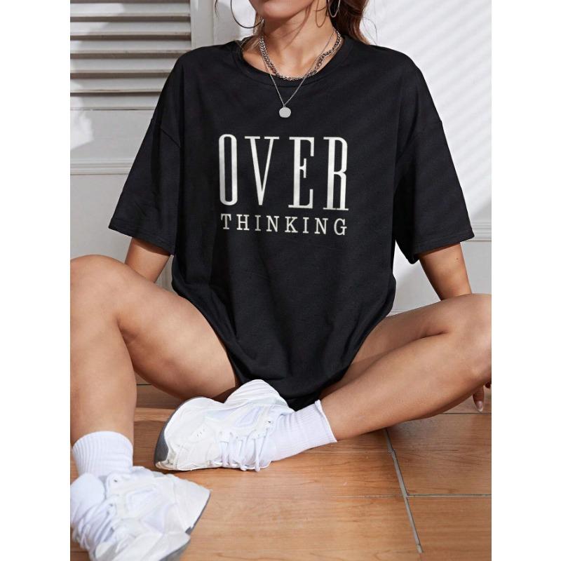 Over Thinking Letter Print Женские хлопковые топы с коротким рукавом, дышащие, винтажные, с круглым вырезом, все математические повседневные футболки, женская футболка, одежда