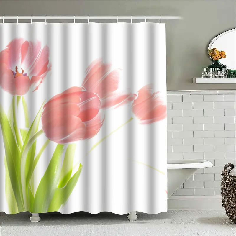 Pink Tulip Shower Curtain Set Bath Decor for Kids Bathroom Waterproof Fabric with Hooks (White)