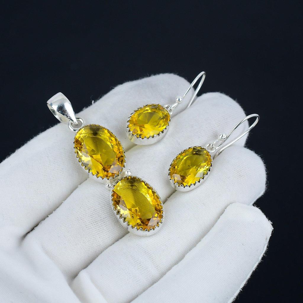 Beautiful Citrine Pendant Set, Citrine Gemstone Handmade 925 Sterling Silver Earring Pendant Set For Women Pendant Birthday Gift