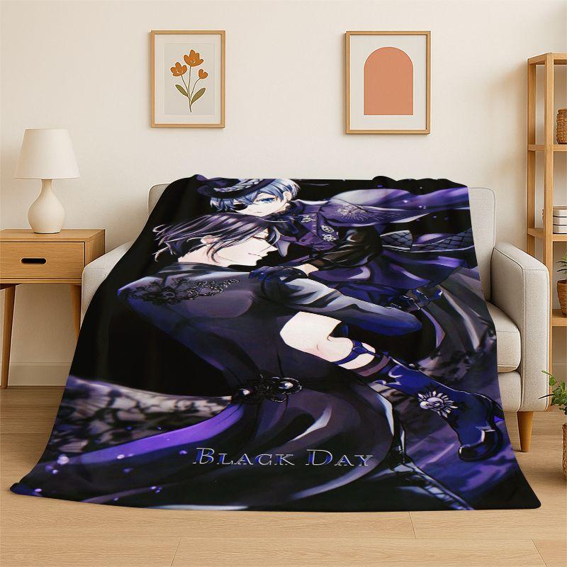 Black Butler Cartoon Anime Flannel Blanket Soft Warm Throw Blanket for Bedroom Living Room Bed Travel Camping Picnic Gift