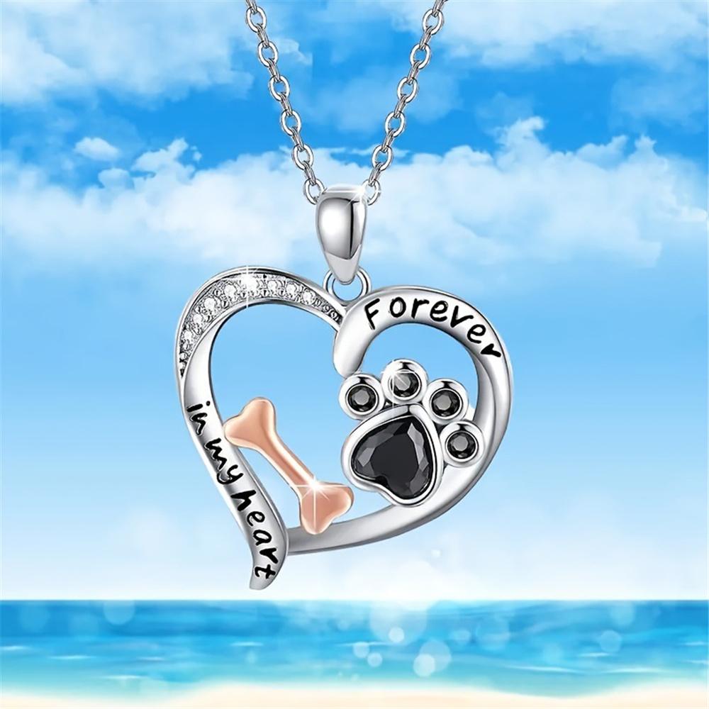 Cute Animal Female White Black Zircon Stone Skeleton Heart Paw Letter Pendant Necklace Silver Color Wedding Jewelry For Women