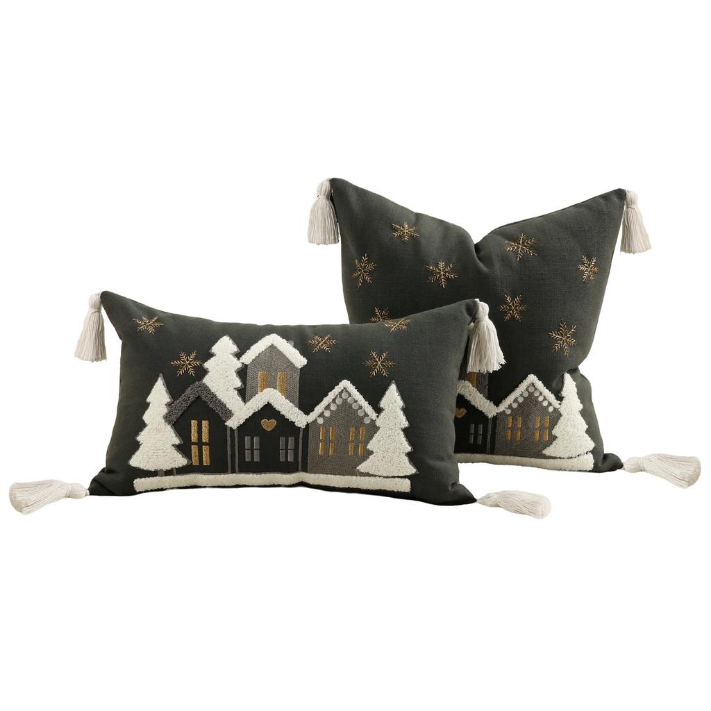 Christmas Snowflake Embroidery Throw Pillow Cover 45x45cm Red Winter Decor Farmhouse Cushion Case