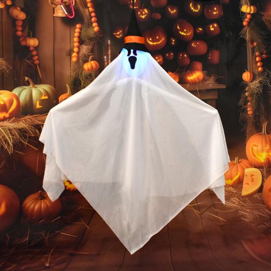 Хэллоуин Подвесные Светящиеся Призраки Уличный Летающий Белый Тканевый Призрак в Шляпе Ведьмы для Переднего Двора Патио Газона Сада Веранды Внутреннее Наружное Украшение