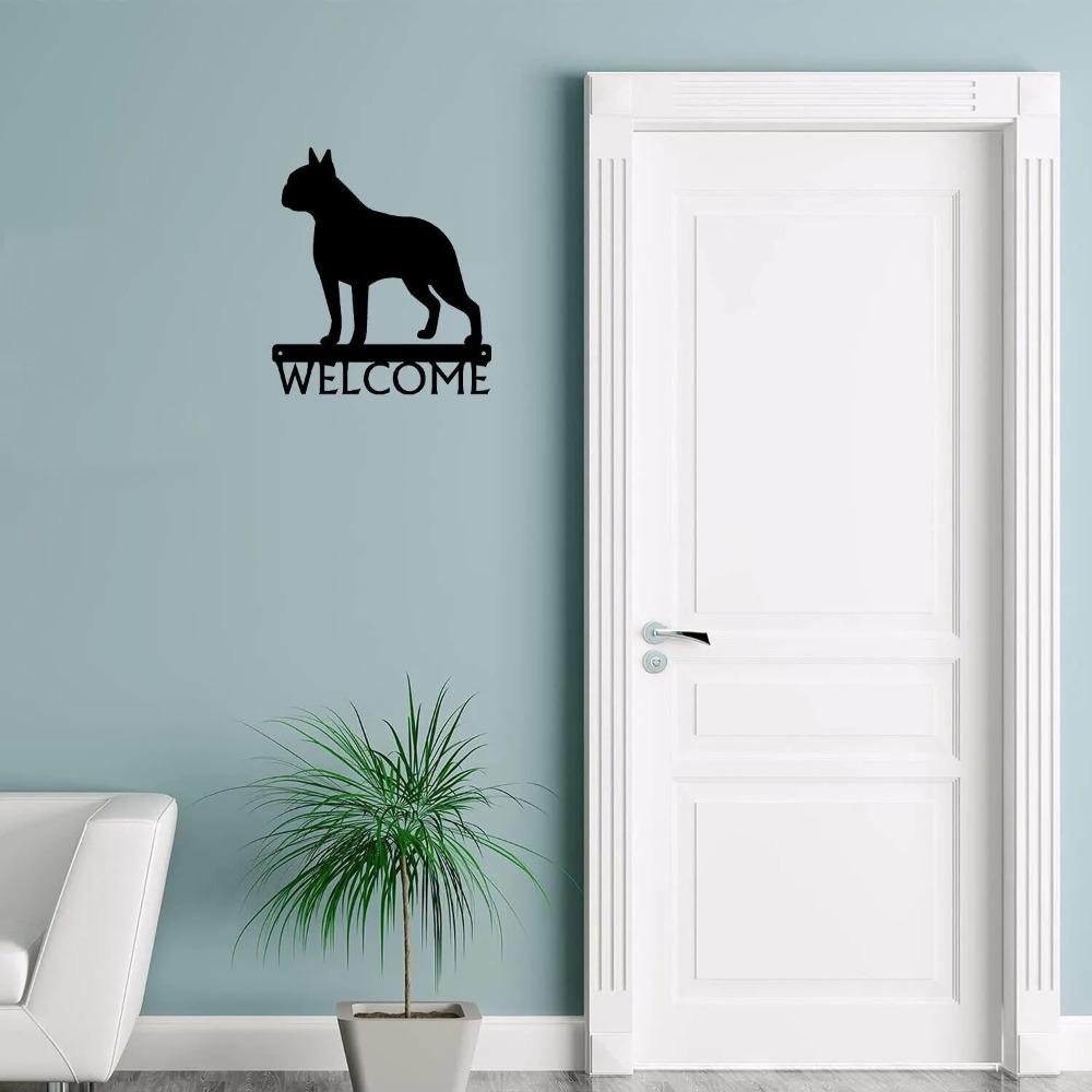Dog Welcome Sign Boston Terrier - 12" X 13.6" Metal Wall Art for Pet Lovers, and Charming Home Entrance Decoration