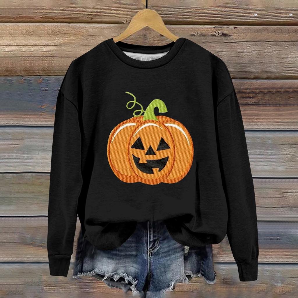 Женская мода Хэллоуин с длинным рукавом с принтом Свободная толстовка с круглым вырезом Топ