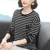 Women Clothing Korean Fashion Striped Print Long Sleeve Basic T-shirt Spring Autumn Ladies O Neck Loose All Match Pullover Tops