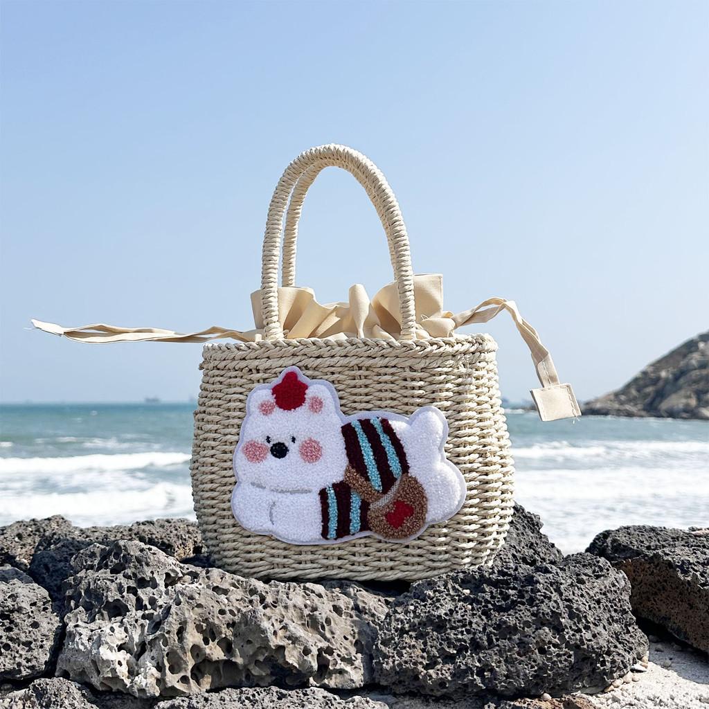 Cute Cartoon Plush Dog Decoration Women Casual Grass Woven Bagfor Beach And Vacation Use