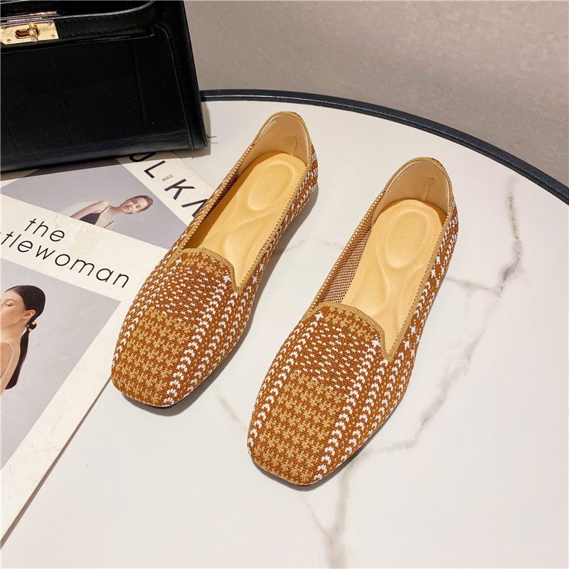 New Square Head Woven Geometric Pattern Soft Sole Shallow Mouth Knitted Shoes Flying Knitted Doudou Shoes