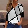 Women's Fashion V-Neck Button Seven Sleeve T-Shirt Casual Geometric Splicing Printed Top