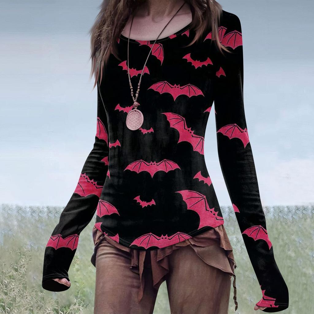 Women's Fashion Casual Mori Slim Long Sleeve Halloween Printed Round-Neck Regular Top
