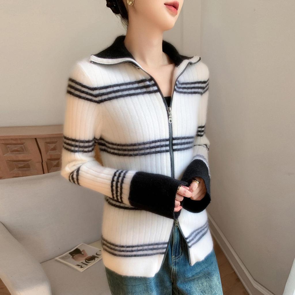 Color Block Slim Fit Cashmere Cardigan - Women's High Collar Zipper Sweater.