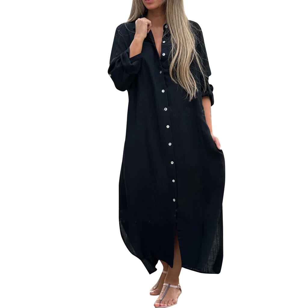 Женское модное повседневное платье-кардиган из хлопка и льна с длинными рукавами