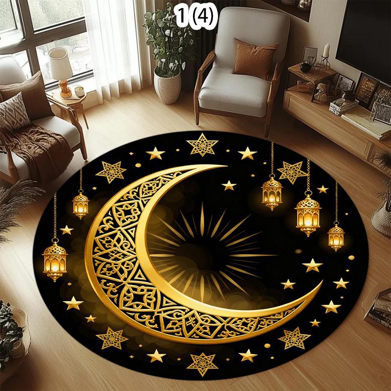 Area Rug Floor Carpet Mat Abstract Islamic Crescent Moon Print Non-Slip Washable in Gold for Spiritual Ramadan Home Decoration