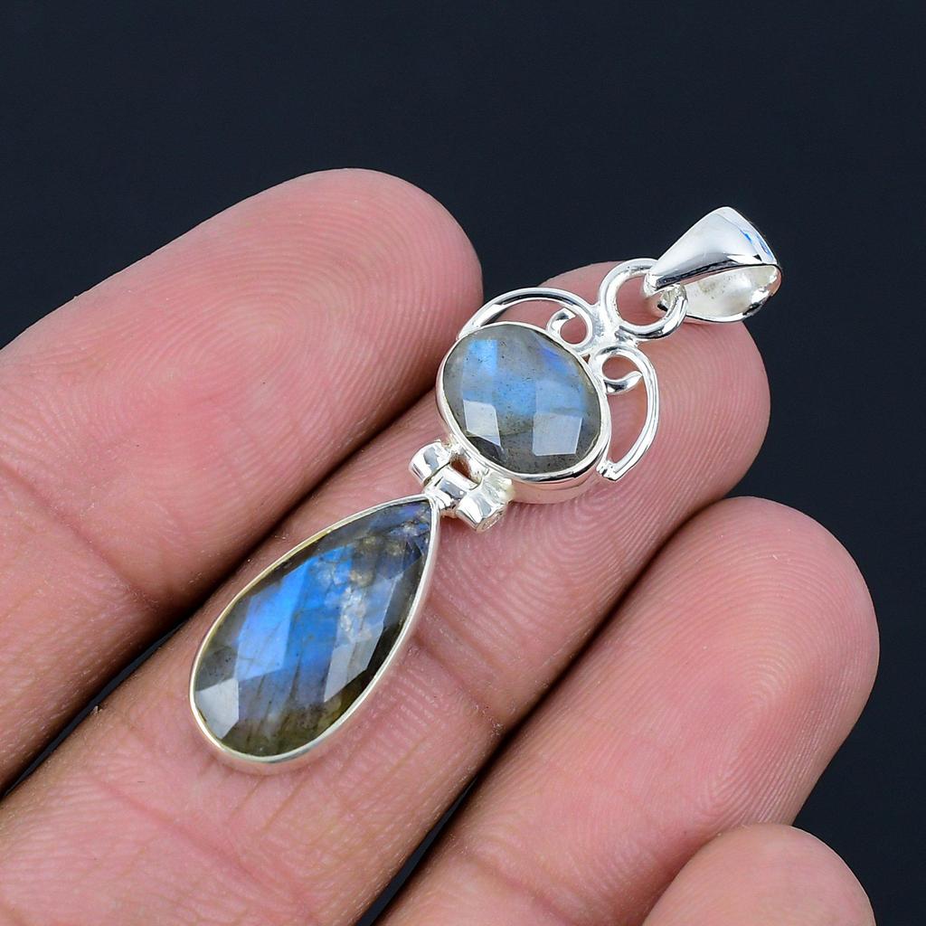 Подвеска из натурального лабрадорита, серебро 925 пробы, драгоценный камень грушевидной формы, подвеска из двух камней ручной работы, ювелирный подарок на День святого Валентина