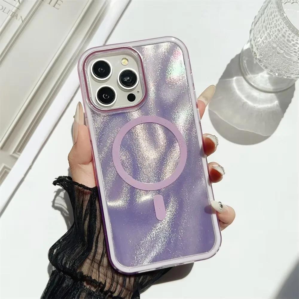 Чехол для телефона Aurora Laser с ослепительным блеском и водной рябью для iPhone 16 Pro Max 14 15 Plus 11 12 13 для магнитной задней крышки Magsafe