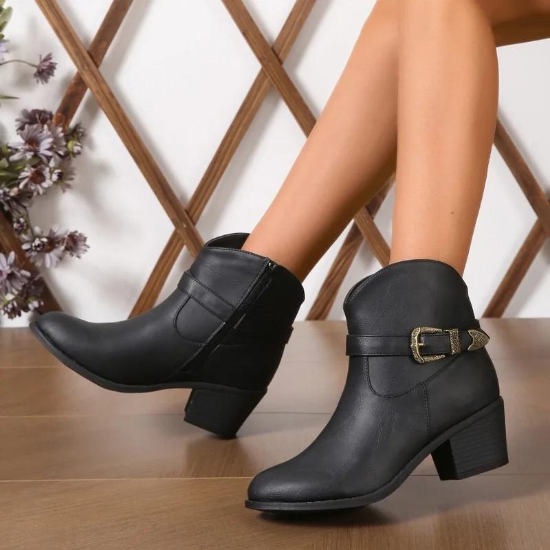 Plus Size Women's Ankle Boots Autumn/Winter New Retro Western Cowboy Boots Fashion Belt Buckle Square Heel Side Zip Short Boots